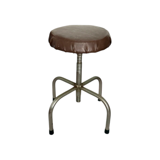 Mid-Century Industrial Drafting Stool with Screw-Thread Height Adjustment, Reupholstered Brown Vinyl Seat