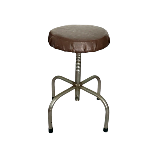 Mid-Century Industrial Drafting Stool with Screw-Thread Height Adjustment, Reupholstered Brown Vinyl Seat