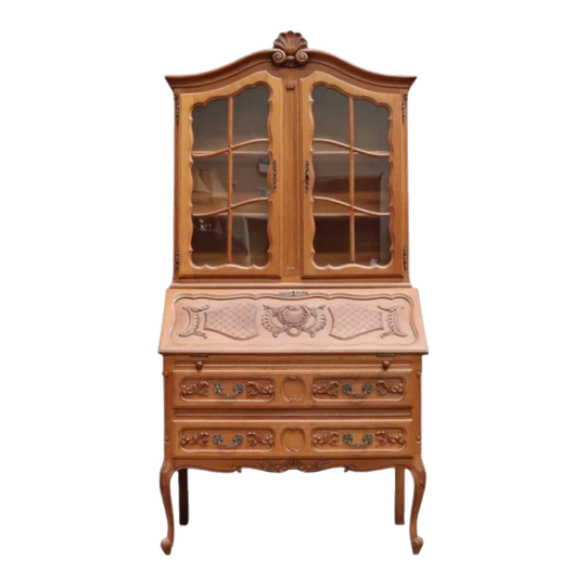 French Oak Bureau Bookcase with Drop-Front Desk and Glazed Doors, c.1950