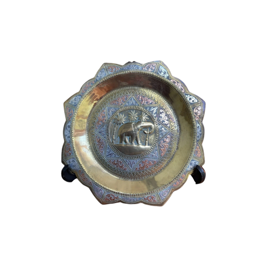 Vintage Brass, Copper and Silver Embossed Plate/Tray with Indian Elephant Motif, Scalloped, 18 cm
