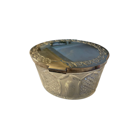 Probable Victorian Cut and Frosted Glass Oval Biscuit Box with Silver-Plated Hinged Lid
