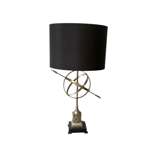Vintage Metal Armillary Sphere Table Lamp with Laurel Wreath Detail and New Black Fabric Shade