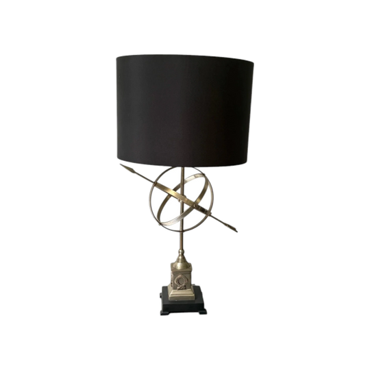 Vintage Metal Armillary Sphere Table Lamp with Laurel Wreath Detail and New Black Fabric Shade