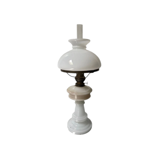 Antique European Milk Glass Oil Lamp with Kosmos Brenner Wick Winder and OSLO-Stamped Chimney, Spare Chimney Included