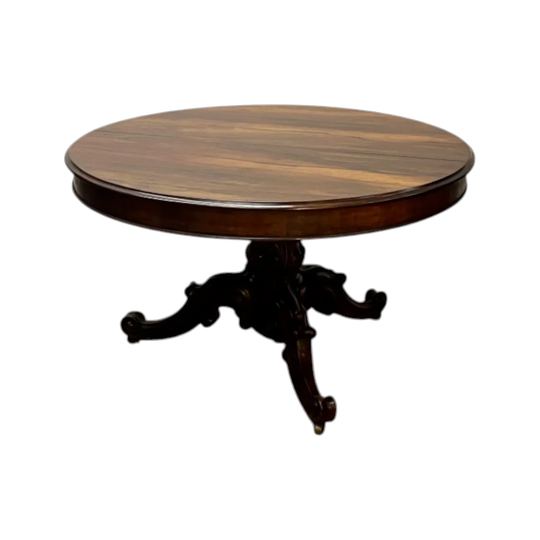 Antique English Victorian Circular Centre/Dining Table in Brazilian Rosewood, c. 1845–1855, Carved Column Tripod Base