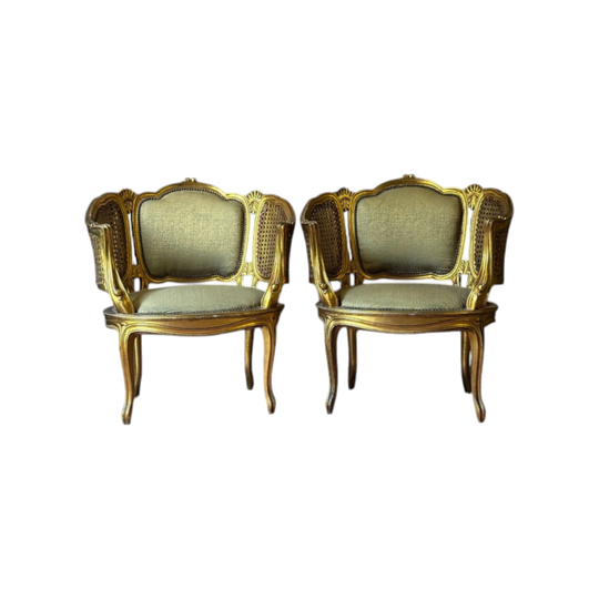 Pair of Vintage French Louis XV-Style Giltwood Salon Chairs with Cane-Panelled Sides