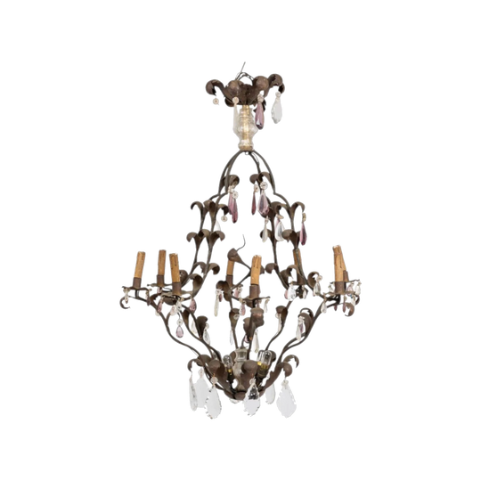 Impressive oversized Iron Chandelier with 8 Lights and purple and clear crystals -A French Masterpiece