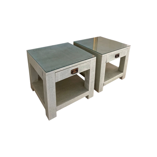 Pair of Designer Grasscloth-Style Bedside/Side Tables with Glass Tops by The Classic Outfitter – Single Drawer, Open Shelf