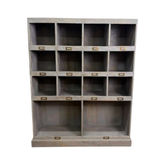 Grey-Washed Timber Pigeon-Hole Storage Unit with Brass Label Holders