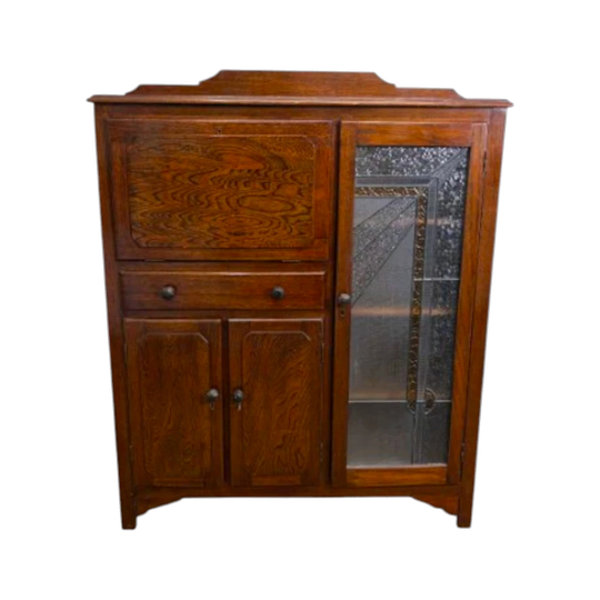 Antique Oak Leadlight Writing Bureau with Fold-Down Writing Surface