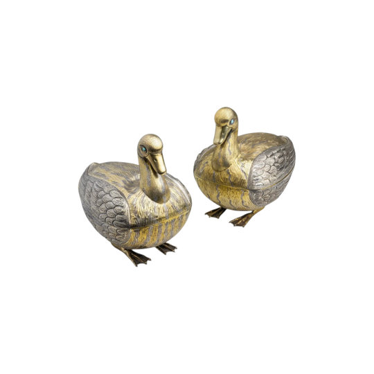 Pair of Life-Size Sterling Silver Duck Containers by Tane, Mexico, Parcel Gilt with Turquoise Eyes