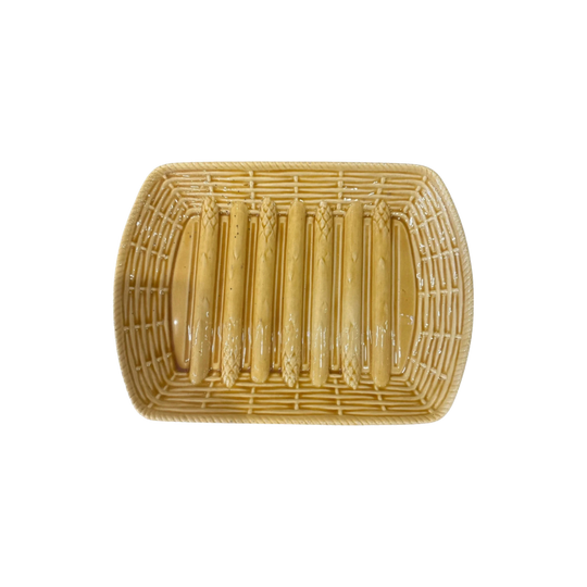 Vintage Sarreguemines French Majolica Asparagus Serving Platter – Basket-Weave Yellow Glaze, 33 x 24 cm