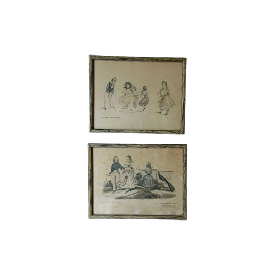 Pair of Antique Framed Hand‑Coloured Fashion Bookplates, Early Victorian & Late‑Regency