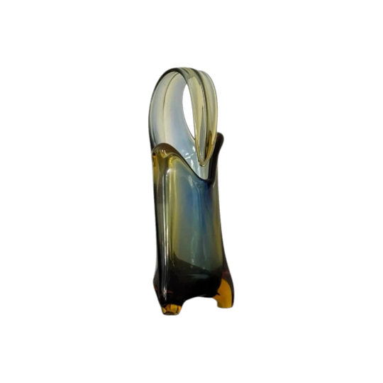 Vintage Murano Sommerso Art Glass Flower Basket Vase with Three Feet in Amber, Yellow and Blue, 31.5 cm H