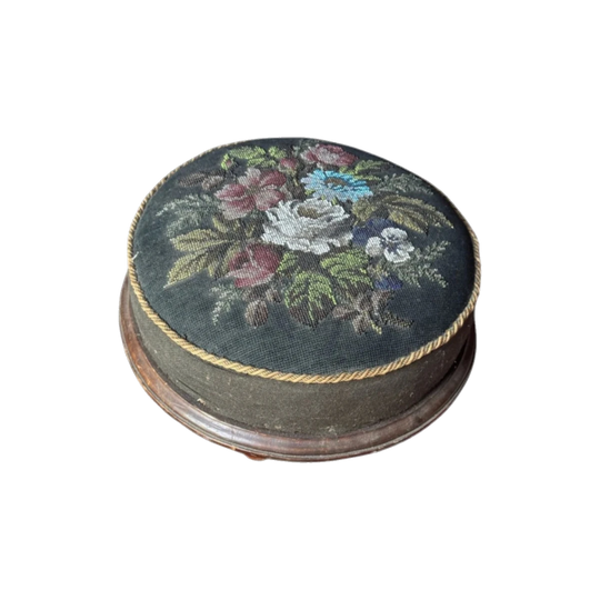 Antique Victorian Footstool with Original Beaded Tapestry Upholstery (Berlin Woolwork), c. 1880–1900
