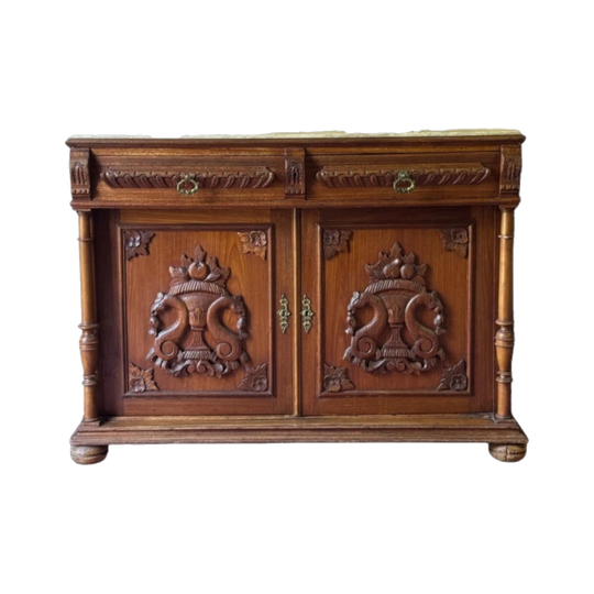 Mid-Century French Provincial Revival Carved Pine Sideboard with Pale Marble Top, c.1950s