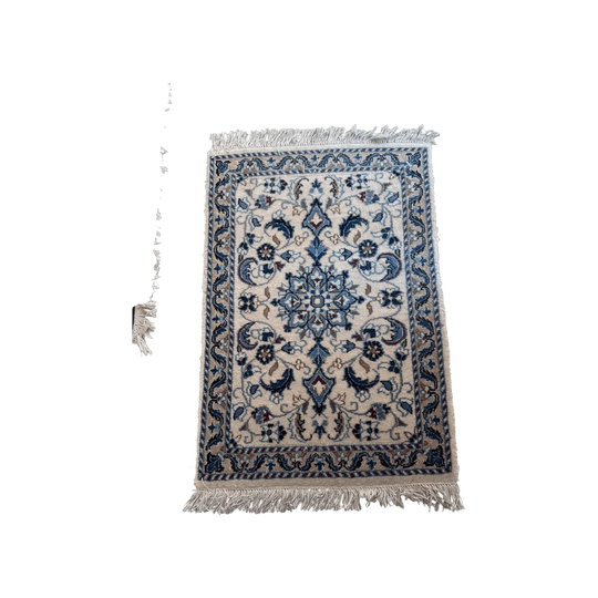 Small Persian-Style Vintage-Inspired Rug, Cream with Blue/Beige/Red, 61 x 90 cm, Fringe Ends