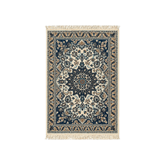 Persian Area Rug, Medium, Cream and Blue Palette with Fringe, 137 x 85 cm