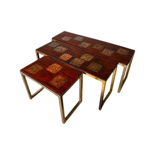 Gerard Havekes Set of Three Side Tables with Hand-Worked Brass/Copper Inset Tops, Blackwood, c. 1960s