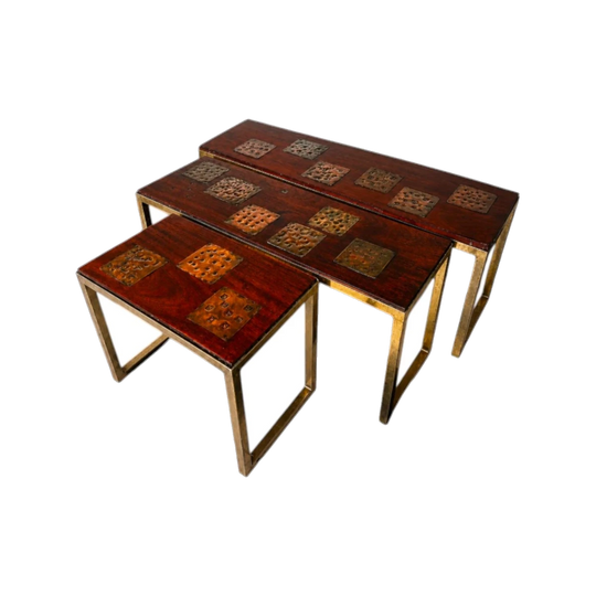 Gerard Havekes Set of Three Side Tables with Hand-Worked Brass/Copper Inset Tops, Blackwood, c. 1960s