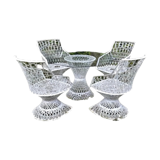 Russell Woodard Spun Fibreglass 5-Piece Outdoor Dining Setting in White with Glass-Top Pedestal Table