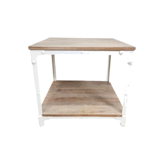 Industrial Metal and Timber Side Table, Two-Tier, White-Painted Iron Frame with Natural Timber Shelving