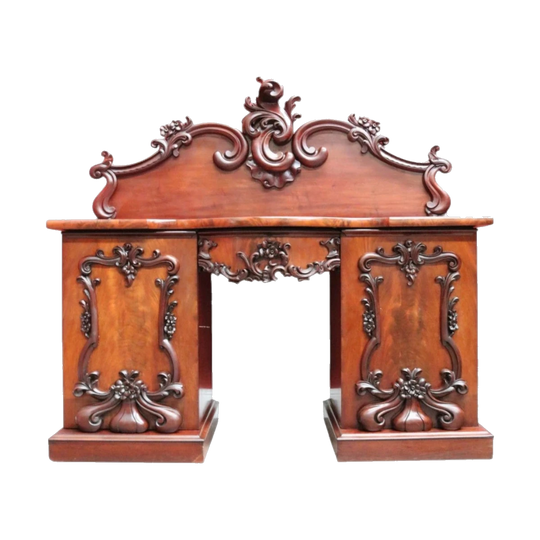 Antique English Flame Mahogany Twin-Pedestal Sideboard with Carved Floral Front, c.1850