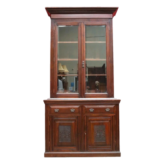 Antique English Pine Two-Height Bookcase with Glazed Upper Doors, c.1910