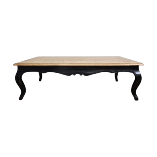 French Provincial Oak Coffee Table – Natural Timber Top, Black Painted Base