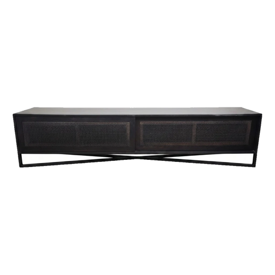 Black Timber TV Lowline with Woven Rattan Sliding Doors, 220 cm