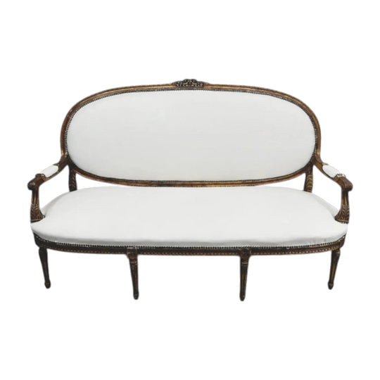 Vintage French Louis XVI-Style Three-Seat Settee in Carved Gilded Wood, Cream Upholstery