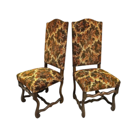 Pair of Vintage Louis XIII Side Chairs with Os de Mouton Legs and Tapestry, Nailhead Trim