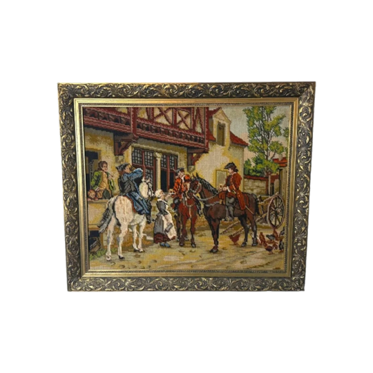 Vintage Framed Needlepoint Tapestry – Equestrian Hunt Scene in Ornate Gold Frame