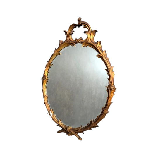 Vintage Florentine-Style Hollywood Regency Gilt Oval Wall Mirror with Pierced Acanthus and Open Crest