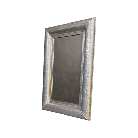 Silvered Embossed Rectangular Wall Mirror in the Style of Chaandhi Kar with Bevelled Frame and Repoussé Floral Detail