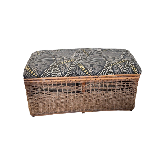 Vintage Cane Wicker Storage Bench / Ottoman Blanket Box with Upholstered Butterfly-Print Lid