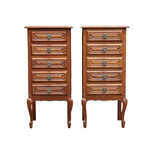 Pair of Vintage French Oak Five-Drawer Bedside Cabinets, Cabriole Legs