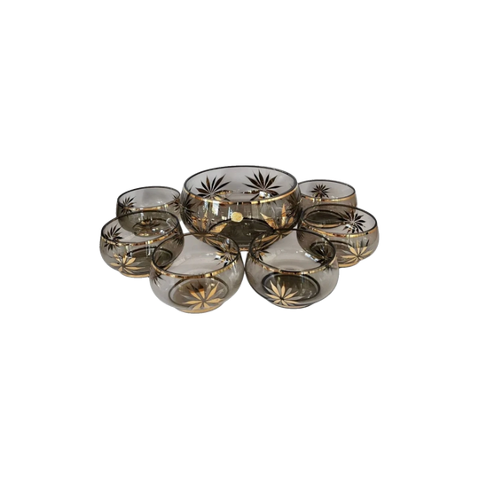 Bohemia Crystal Smokey & Gold Glass Dessert Bowl Set, Czechoslovakia, c. 1970s (Set of 7)