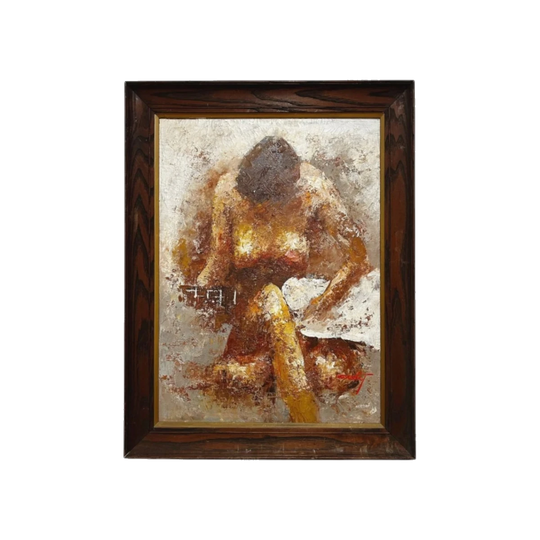 Vintage Oil Painting, Semi-Abstract Nude with Guitar — Signed “Grant”, Expressionist Impasto, Framed