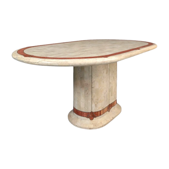 Late 1970s–1980s Tessellated Stone Oval Dining Table with Brass Trim and Terracotta Inlay, in the Manner of Karl Springer