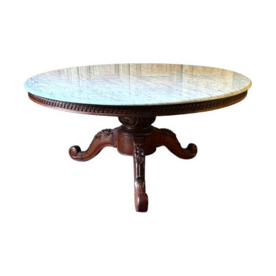 Louis XV Style Carved Mahogany‑Toned Timber Dining Table with Carrara Marble Top
