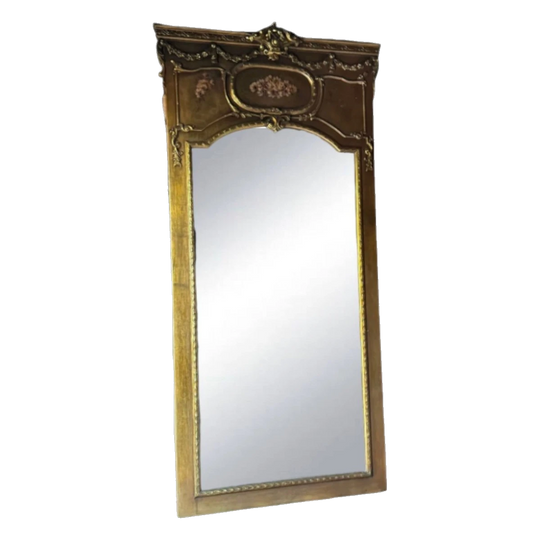 Vintage French-Style Trumeau Mirror with Hand-Painted Floral Panels and Gilt-Toned Finish