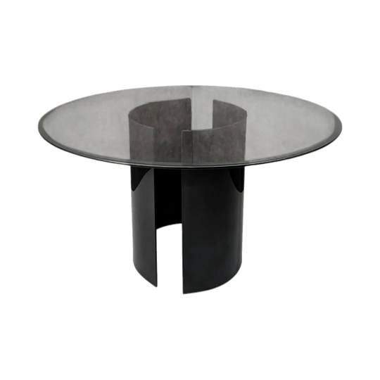 Round Glass Dining Table with Clear Top and Black Segmented Glass Pedestal