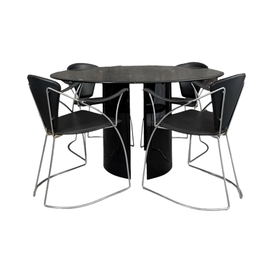 Late 1980s Italian Round Glass Dining Table with Segmented Black Glass Pedestal and Four Arrben Chrome and Black Leather Dining Chairs