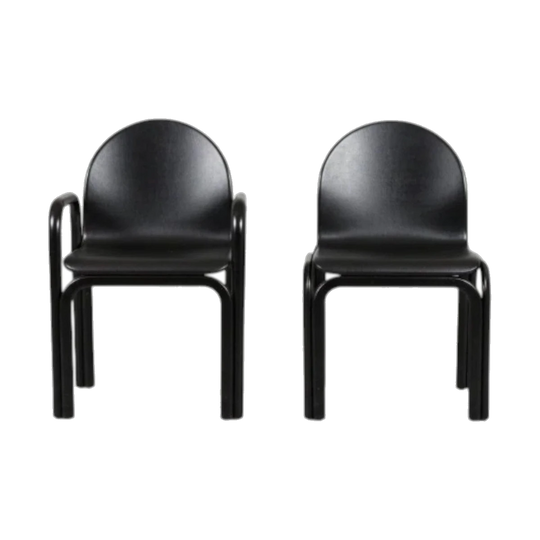 Gae Aulenti Original Dining Chairs, Black Leather, Powder-Coated Frames – Set of 6