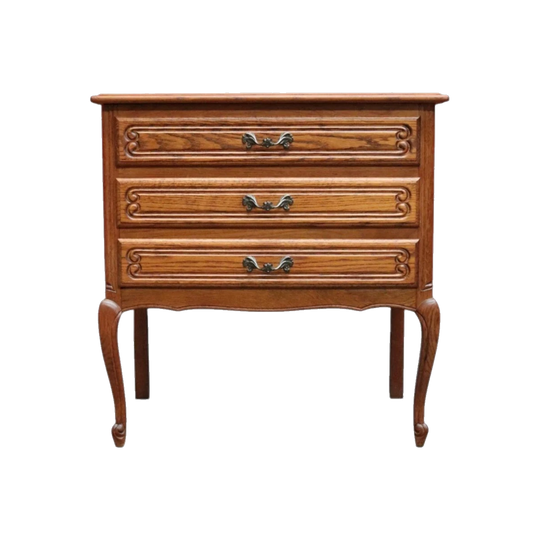 Vintage French Oak Three-Drawer Bedside Chest with Brass Handles