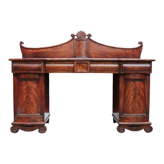 Antique English Mahogany Twin-Pedestal Sideboard with Scrolled Backboard and Bottle Drawer, c.1830