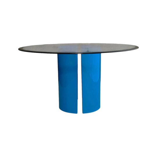 Round Clear Glass Dining Table with Opaque Blue Frosted Glass Pedestal