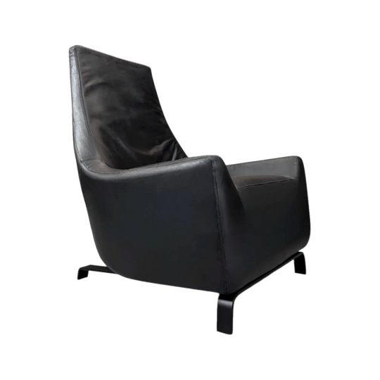 Vintage Black Leather High-Back Lounge Chair, Late 20th Century, Steel Sled Base