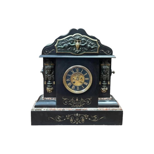 French Black Slate Mantel Clock with Cupids and Rouge Marble, c. 1880, 8-Day Movement
